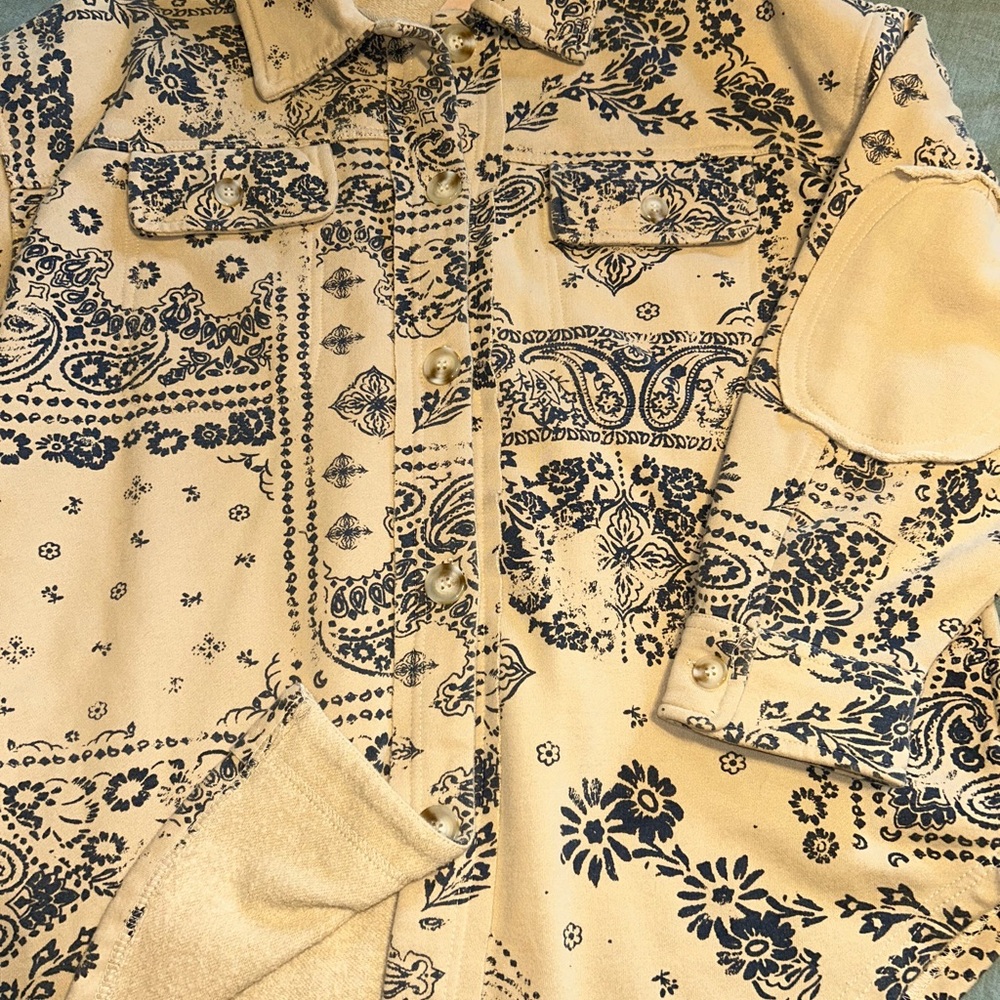 Beige and Navy Paisley Button-Up  Western Jacket